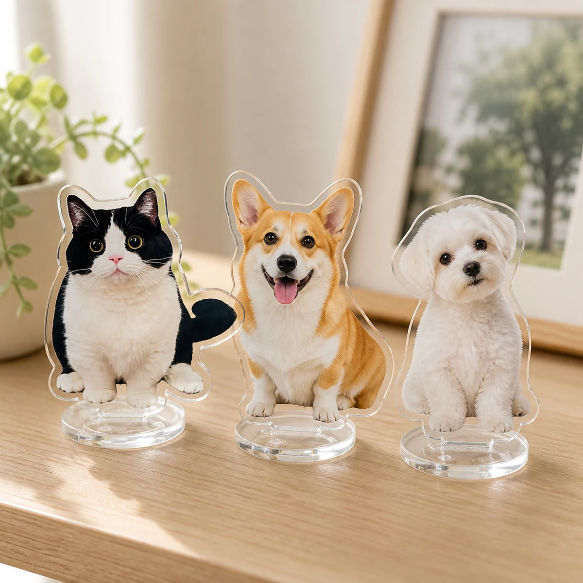 three custom acrylic pet photo standees on clear bases