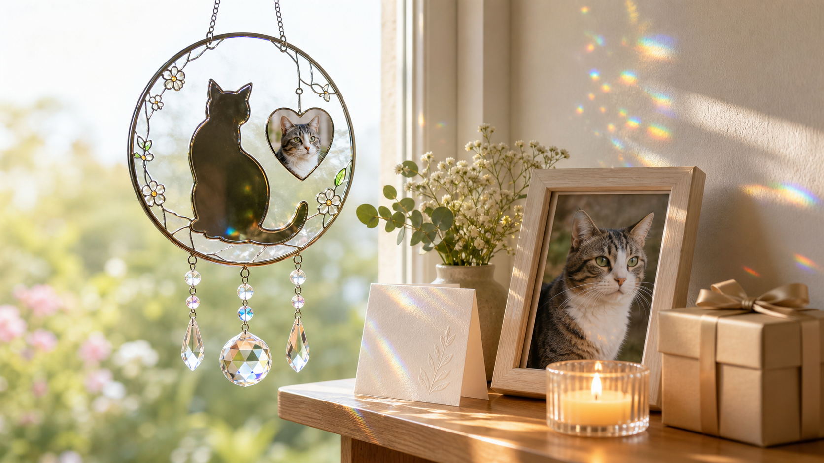 cat memorial suncatcher in sunny window with cat photo candle sympathy card and gift box