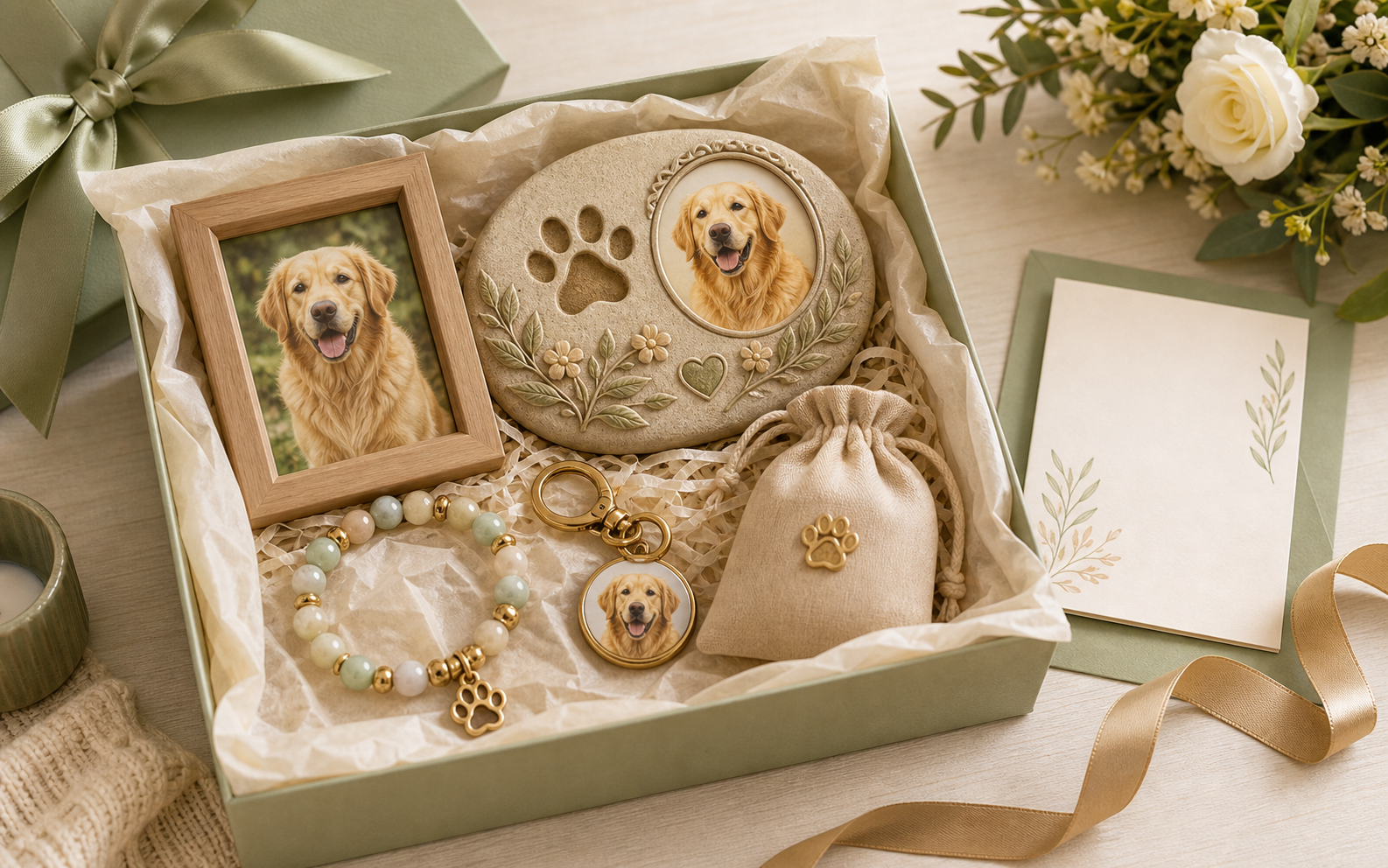 pet sympathy card message beside a memorial keepsake