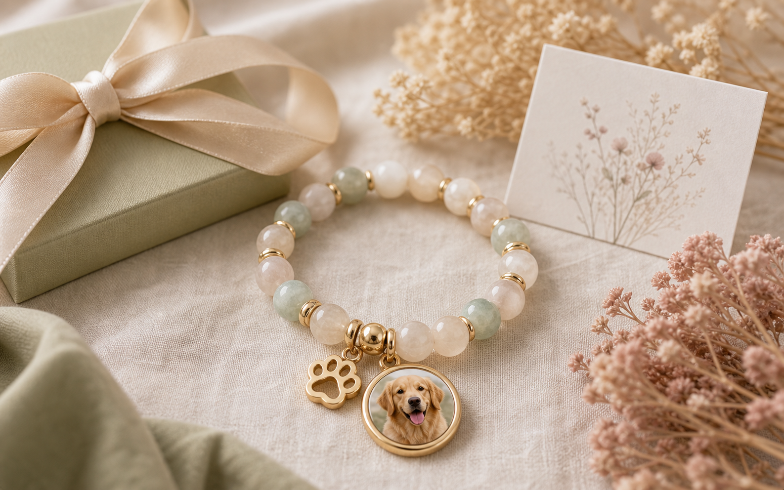 Rainbow Bridge pet memorial bracelet with paw charm
