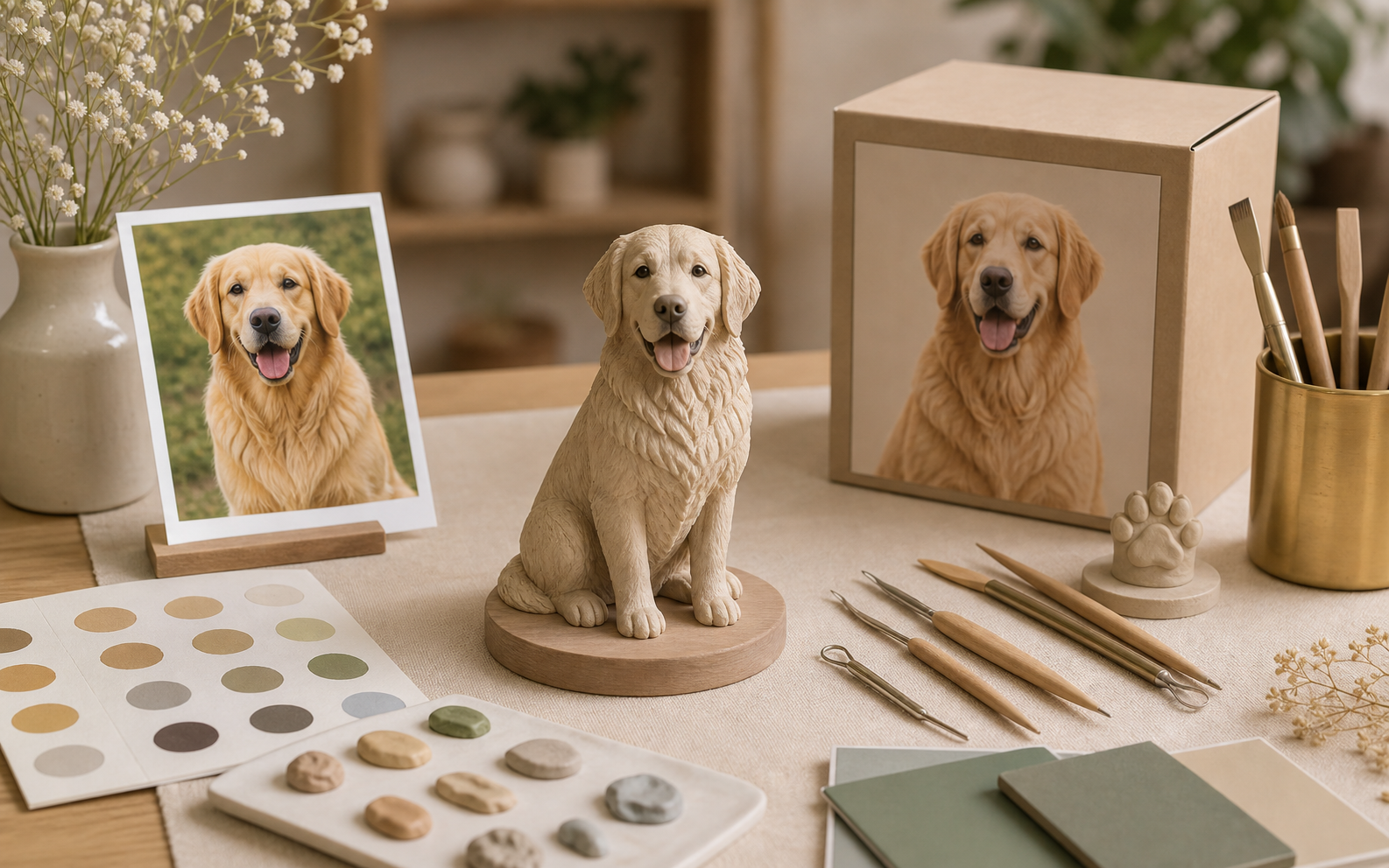 custom border collie pet figurine compared with 3D modeling screen
