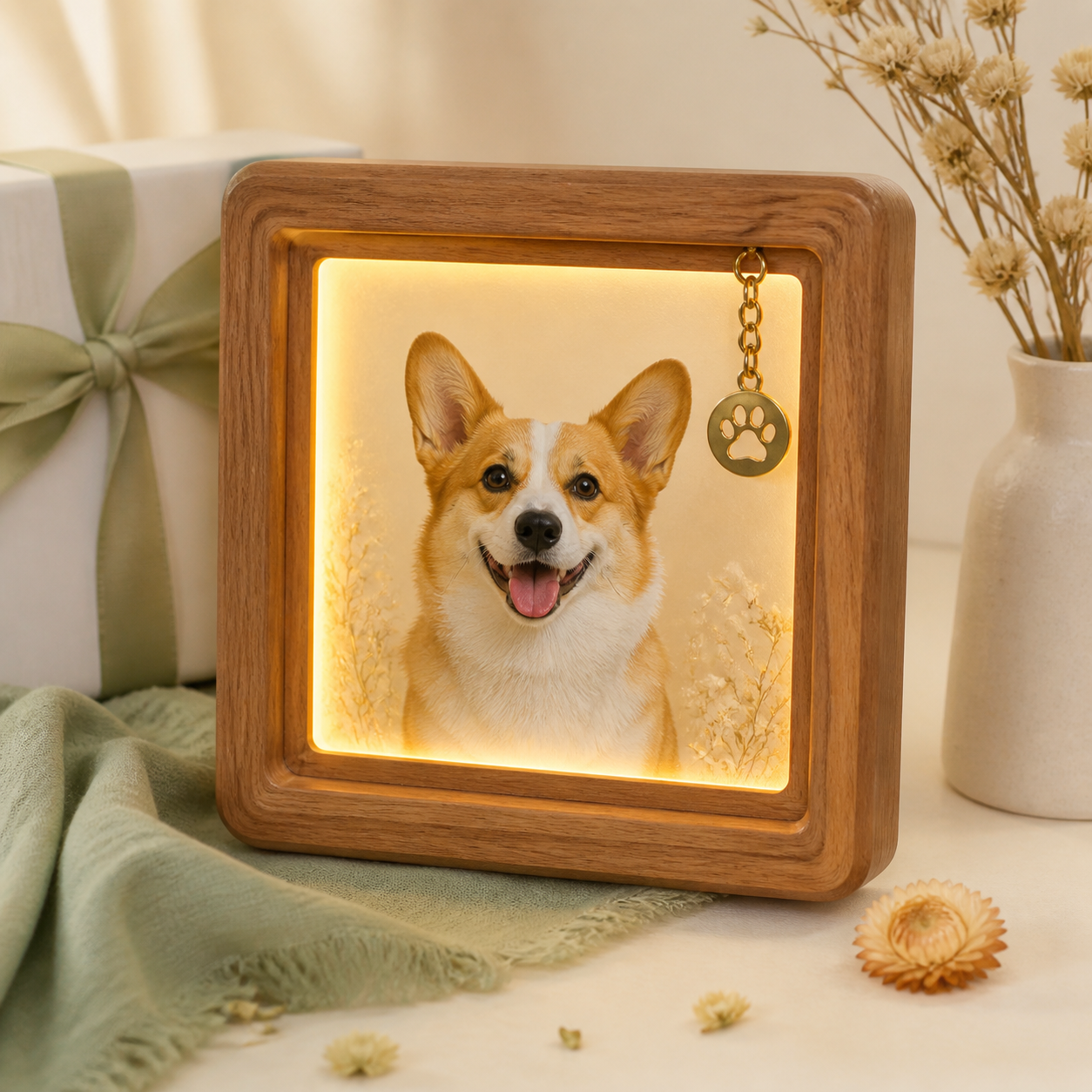custom corgi pet portrait frame displayed on a shelf