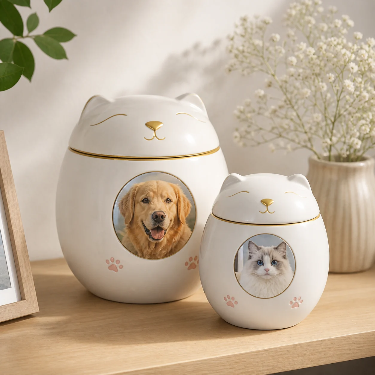 A rounded glazed ceramic pet urn with a fitted lid, paw accents, and a custom pet photo medallion.