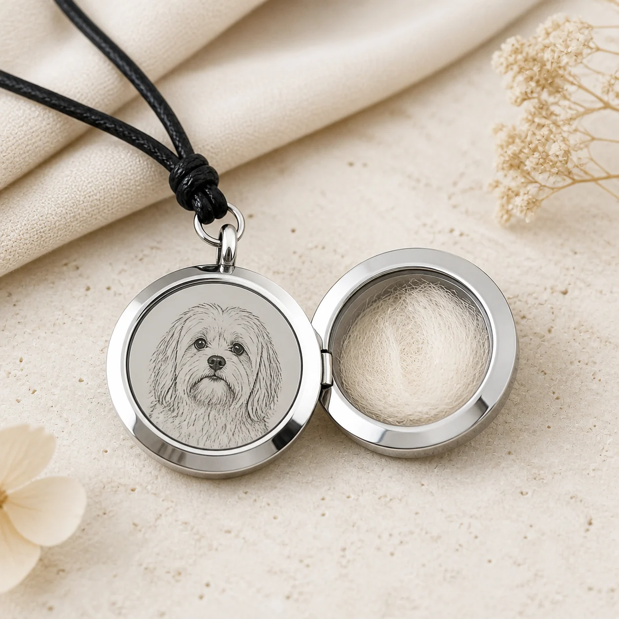A polished round locket with an engraved pet portrait and a small clear keepsake chamber for fur or whiskers.