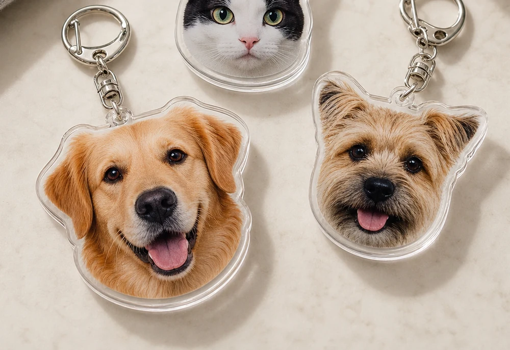 clear acrylic edges on custom dog photo keychains