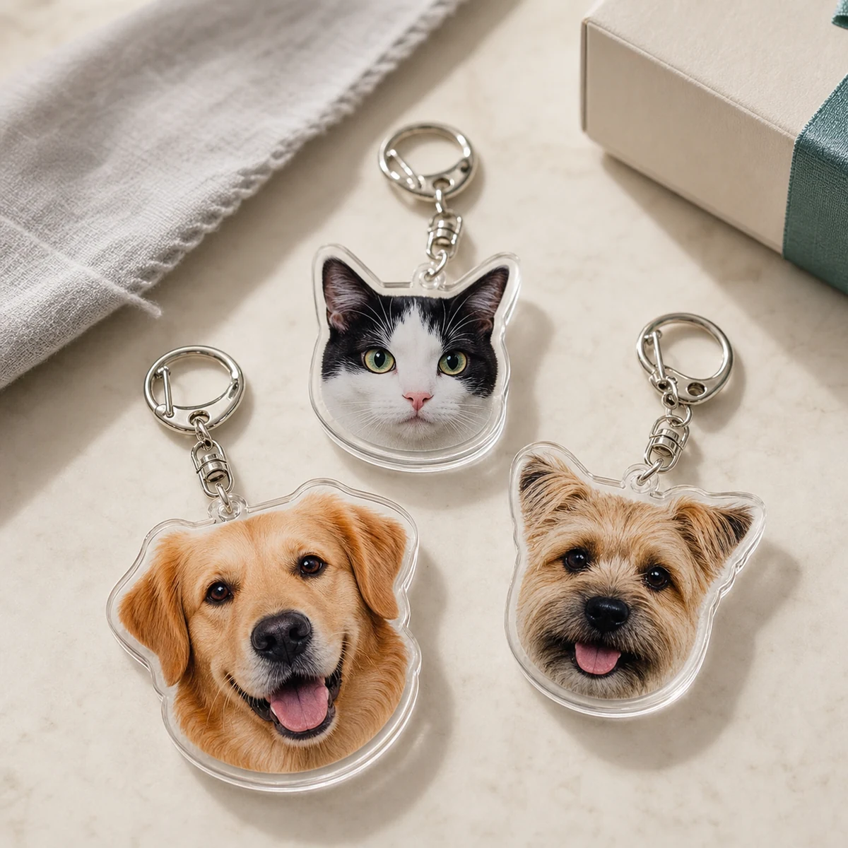 three custom acrylic pet photo keychains with cat and dog portraits