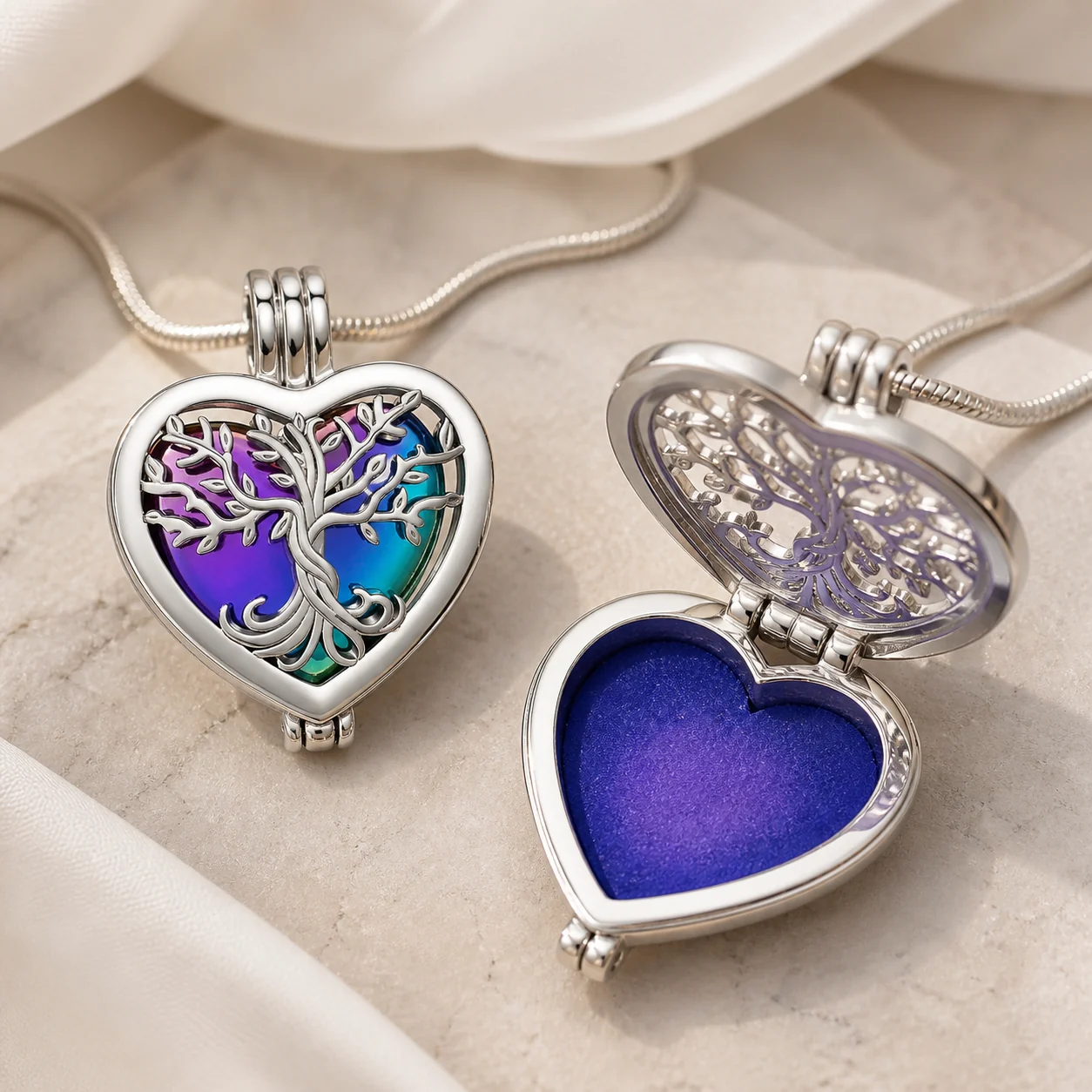 A heart-shaped tree-of-life locket with a small inner pad for fur or a symbolic pinch of cremated remains.