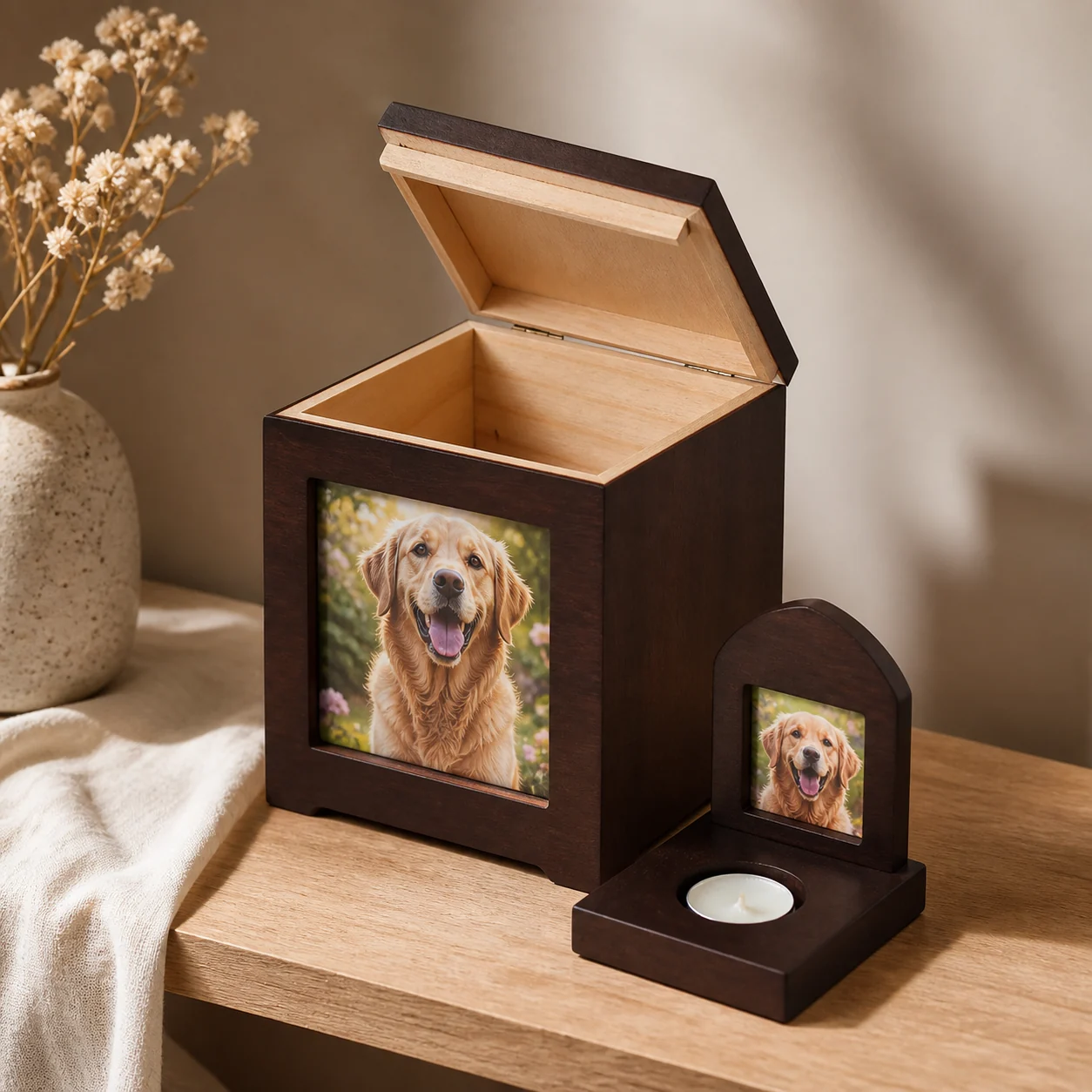 A dark wood house-shaped memorial box with a custom pet photo, storage interior, and separate remembrance platform.